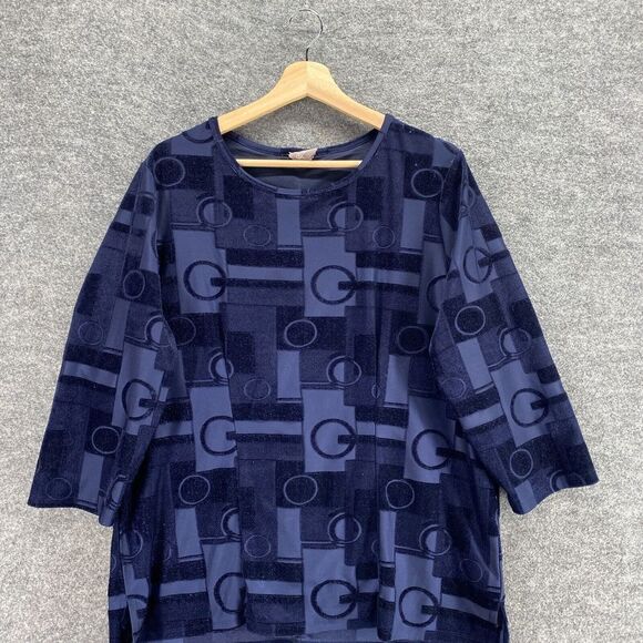Chico's Blouse Women M Medium Blue Geometric Round Neck Lined 3/4 Sleeve Velvet - Picture 3 of 9